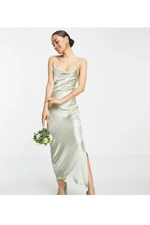 ASOS DESIGN Bridesmaid lace-up back maxi slip dress in sage green