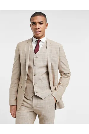 ASOS Wedding super skinny suit jacket in prince of wales check in camel