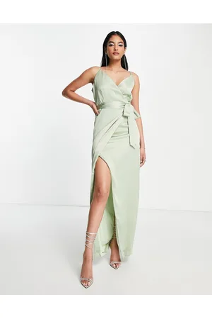 Liquorish Bridesmaid satin wrap maxi drdess with belt in fresh sage