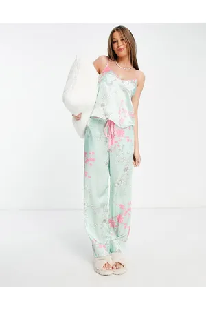 Liquorish Satin blossom cami pyjama set in mint and pink