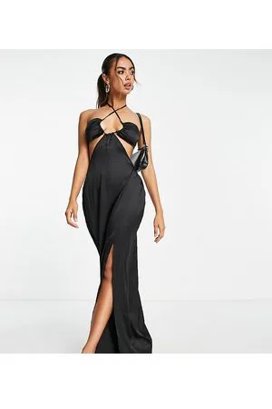 In The Style Plus x Yasmin Chanel satin maxi dress with thigh slit in black