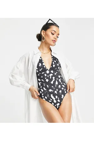 ASOS ASOS DESIGN Petite gathered plunge swimsuit in mono spot print