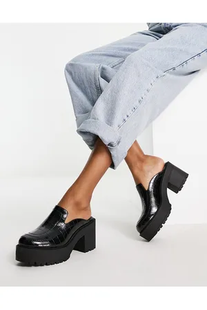 London Rebel Chunky mule loafer heeled shoes in black croc