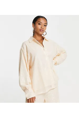 In The Style Petite Exclusive sequin oversized shirt co-ord in champagne