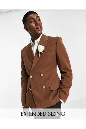 ASOS Wedding skinny double breasted blazer with gold buttons in chocolate