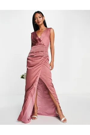 Liquorish Bridesmaid satin wrap front maxi dress in forever rose