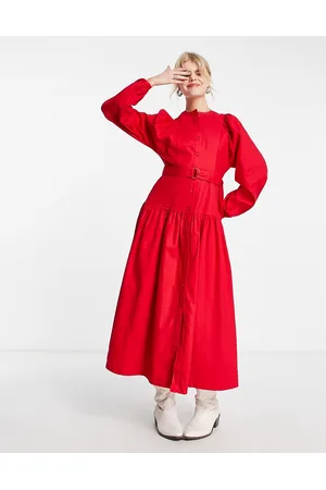 Whistles Cotton belted midi dress with balloon sleeve in bold