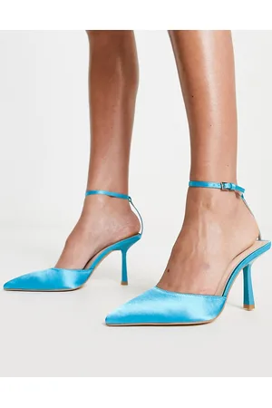 London Rebel Ankle strap pointed stiletto heeled shoes in blue satin