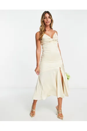 Liquorish Bridesmaid satin twist front midaxi dress with panel in champagne