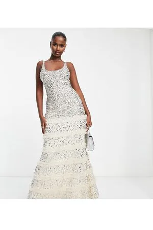 Lace & Beads exclusive embellished thigh split maxi dress in light