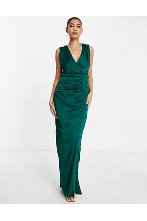 Liquorish Bridesmaid satin wrap front maxi dress in emerald