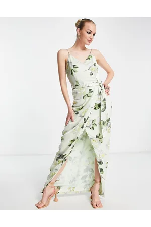 Liquorish Satin wrap maxi dress with belt soft green floral