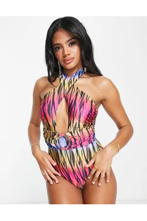 ASOS Cross neck cut out ring detail swimsuit in abstract ombre print