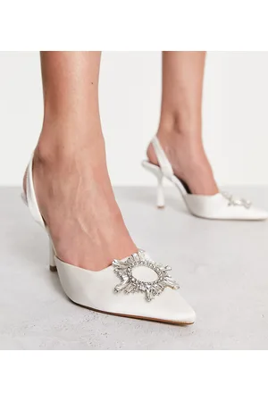London Rebel Embellished sling back bridal heeled shoes in ivory satin