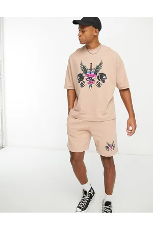 ASOS ASOS Dark Future co-ord relaxed shorts with raw edges and graphic print in taupe