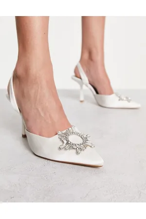 London Rebel Embellished slingback bridal heeled shoes in ivory satin