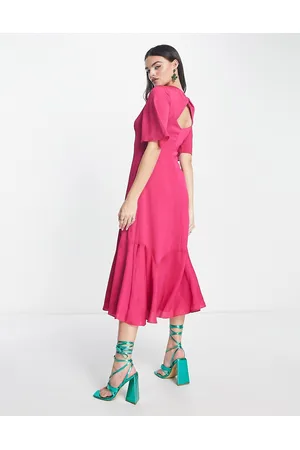 Whistles Flutter sleeve midi dress in hot hammered satin