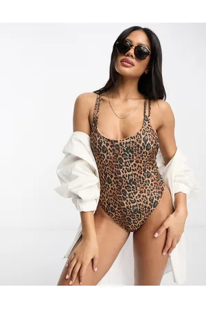 ASOS Rib lattice strap swimsuit with high leg in leopard animal print
