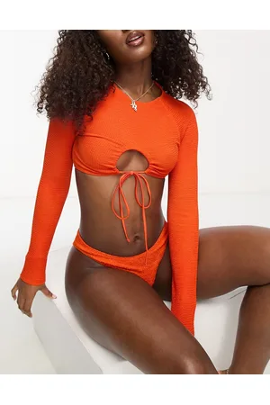 ASOS Mix and match crinkle long sleeve bikini top with keyhole tie back in deep