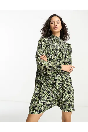 Whistles Naiset Juhlamekot - Shirred smock dress in green and pink smudge