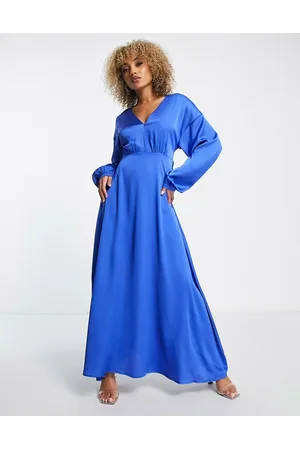Liquorish Satin maxi wrap dress with full skirt in cobalt