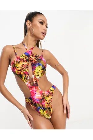 ASOS Naiset Uimapuvut - Cross neck cut out swimsuit in vibrant abstract graphic print