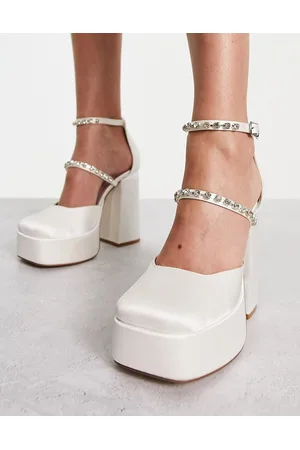London Rebel Mega platform embellished heeled shoes in ivory satin