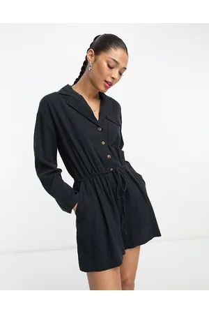 ASOS Naiset Haalarit - Slouchy linen look shirt playsuit with long sleeve in