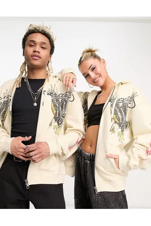 ED HARDY Setit - Unisex relaxed zip through hoodie in vintage wash golden eagle graphic co-ord