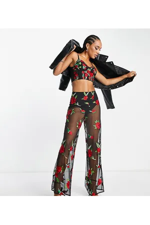 Starlet Naiset Setit - High waist flare trousers in sheer rose embroidery co-ord