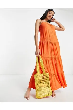 Bright Orange Cheesecloth Strappy Tiered Cami Dress