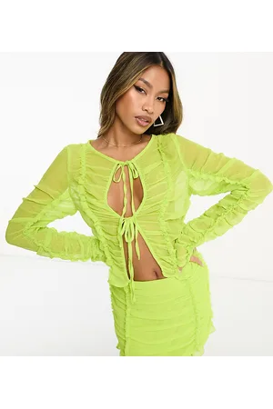 AsYou Naiset Crop - Tie front chiffon long sleeve top co-ord in lime