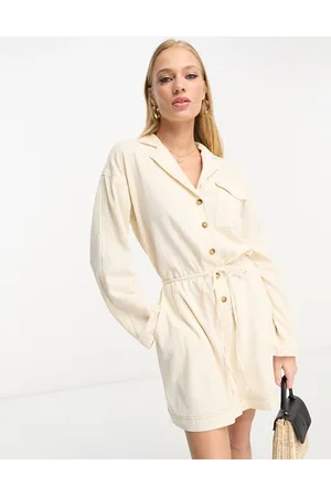 ASOS Naiset Haalarit - Slouchy linen look shirt playsuit with long sleeve in oatmeal