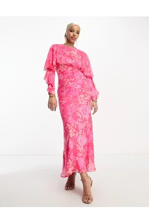 ASOS Naiset Maksimekot - Long sleeve ruffle bias maxi dress with cape detail in pink rose floral print