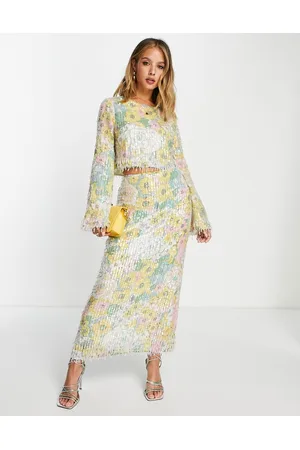 ASOS Naiset Printtihameet - Pastel floral print and sequin midi skirt with fringe