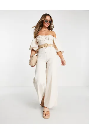 ASOS Naiset Haalarit - Puff sleeve bardot jumpsuit with wicker belt in stone