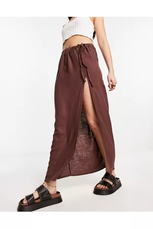ASOS Naiset Maksihameet - Linen maxi skirt with high split in chocolate