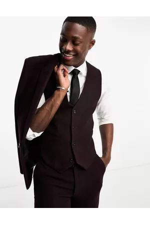 ASOS Miehet Skinny Farkut - Super skinny wool mix suit waistcoat in herringbone in burgundy