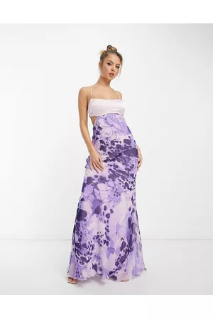 ASOS Naiset Maksimekot - Satin mix cami cut out waist maxi dress with cross strap detail in purple floral print