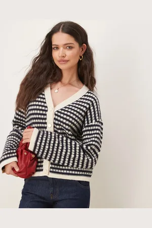 Y.A.S Sort og cremehvid strikket cardigan med tekstur og striber