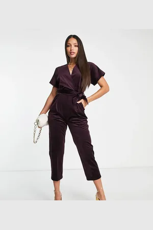 Closet Blommefarvet slå-om-jumpsuit i velour-Lilla