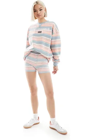 Daisy Street Shorts i bokserstil med knapper og lyserøde/blå striber - Del af sæt-Multifarvet