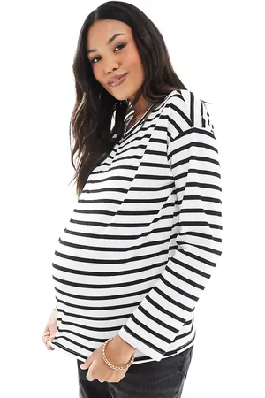Mama;licious Mamalicious Maternity - Langærmet jerseytop med vaffeltekstur og sort/hvide striber-Multifarvet