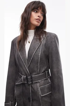 Topshop Sort forvasket trenchcoat i imiteret læder med bælte