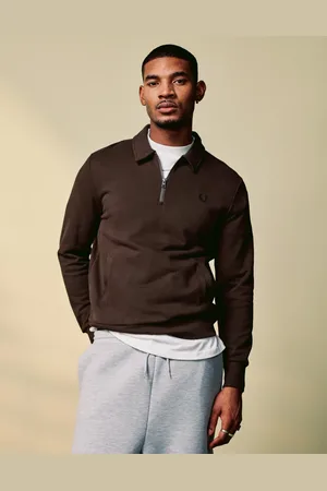 Fred Perry Mørkebrun sweatshirt med kort lynlås og kravedetalje