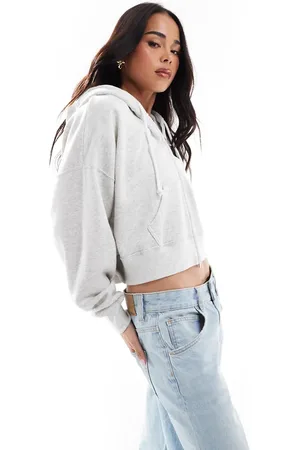Hollister Grå cropped hættetrøje med gennemgående lynlås i firkantet pasform