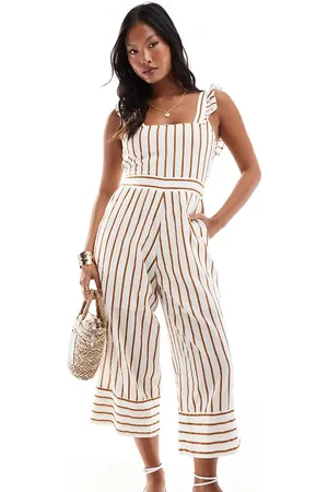 VILA Lysebrunt jumpsuit med bindebånd på ryggen og striber-Multifarvet