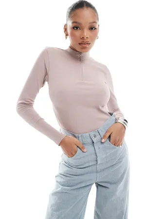 Threadbare Højhalset bodystocking med halv lynlås og lange ærmer i gråbrun ribstrik