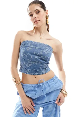VERO MODA Cropped bandeau-top i denim med broderet blomsterprint-Blå