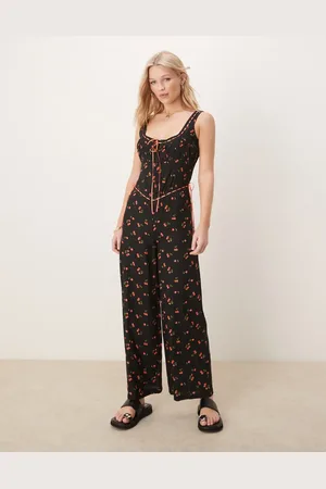 ASOS Sort jumpsuit med blondekanter, knapper, brede ben og -Multifarvet